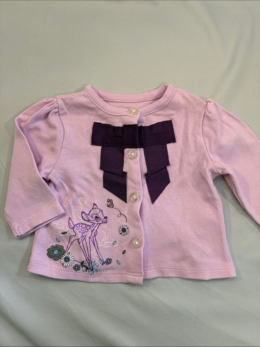 Disney Light Pink Button-Front Top with Dark Purple Bow and Bambi Print